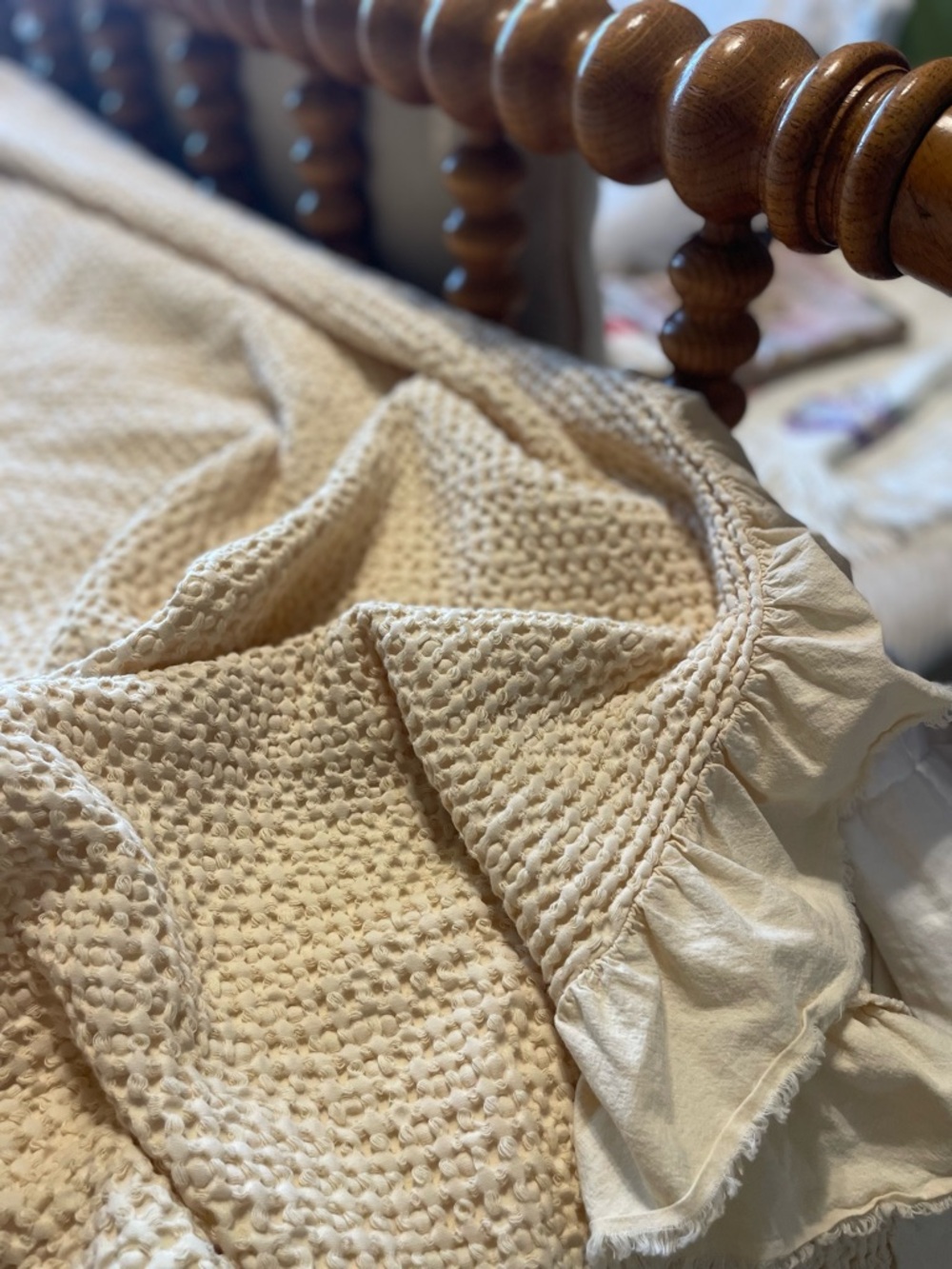 Cream Waffle Knit Throw with Ruffle Edge queen size